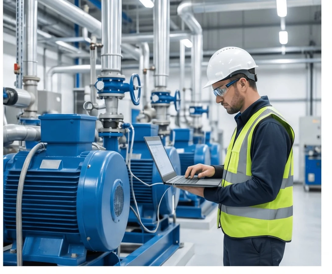 Profissional com EPI verifica um equipamento durante o comissionamento industrial.