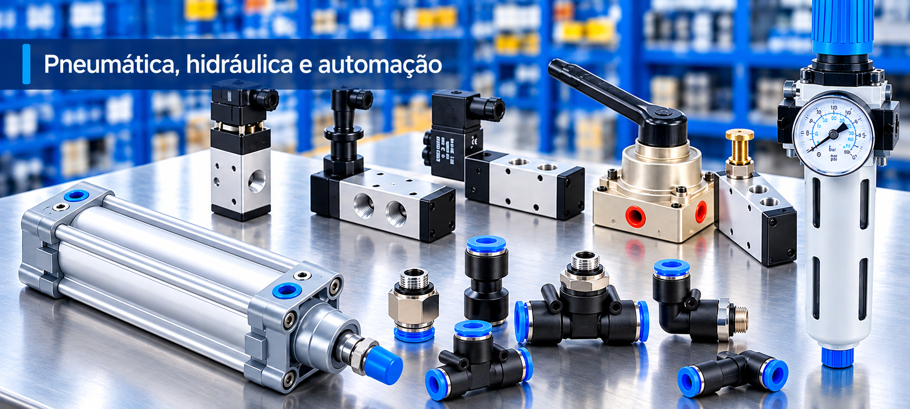 Válvulas, cilindros pneumáticos, reguladores, conexões e componentes de automação apresentados pela FHR.