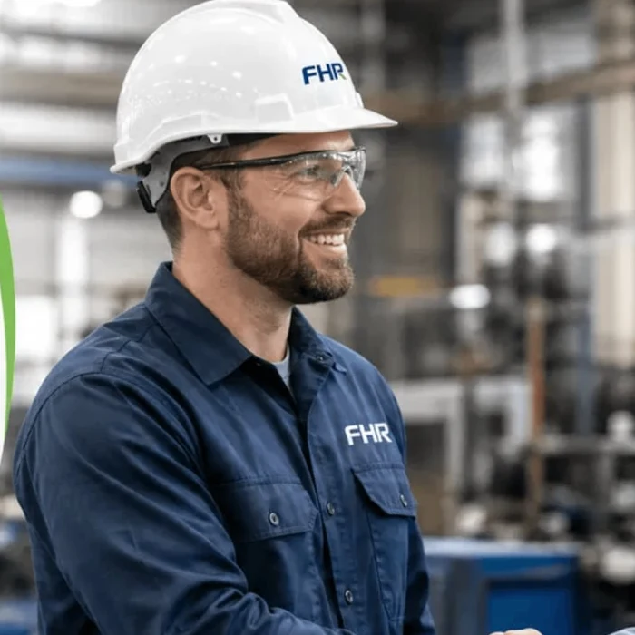 Profissional da FHR, com capacete e uniforme identificados pela marca, em ambiente industrial.