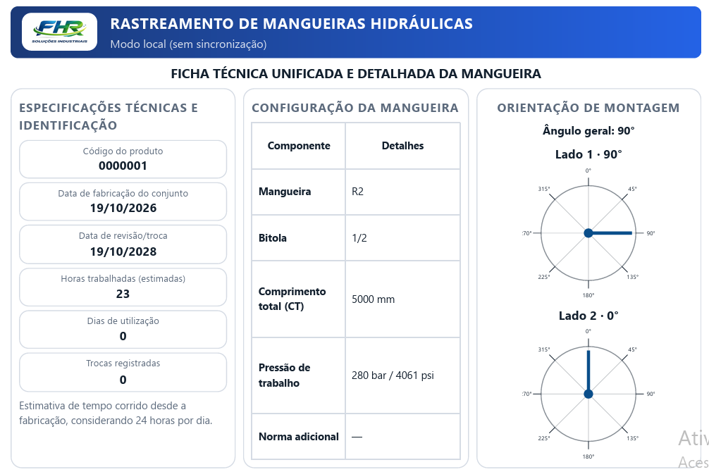 Tela de rastreamento de mangueiras hidráulicas com especificações técnicas, configuração e orientação de montagem.