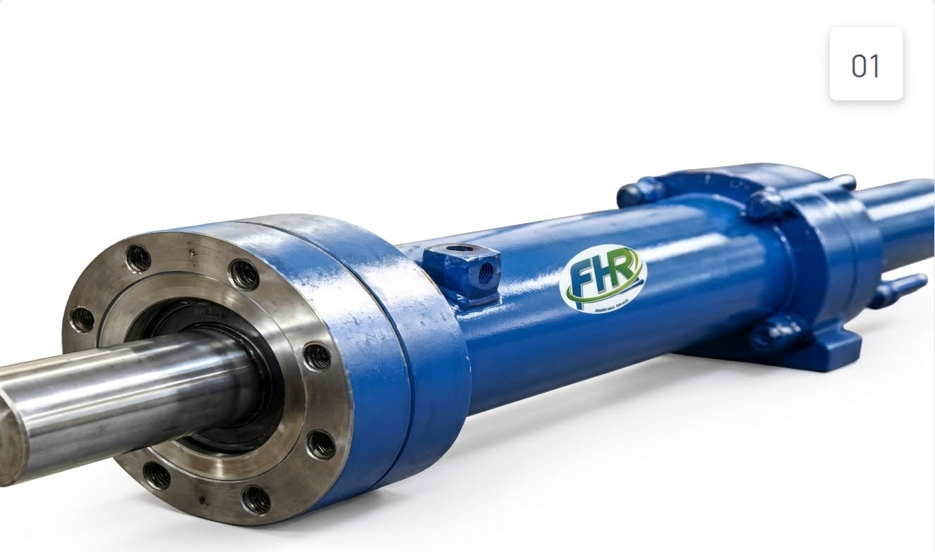 Cilindro hidráulico azul da FHR com pistão exposto e flange metálica.