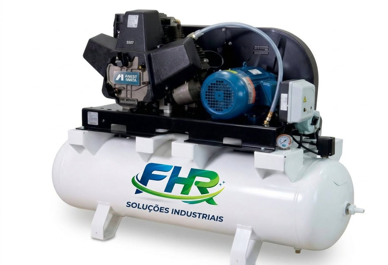 Compressor industrial apresentado pela FHR, visto de frente em fundo claro.