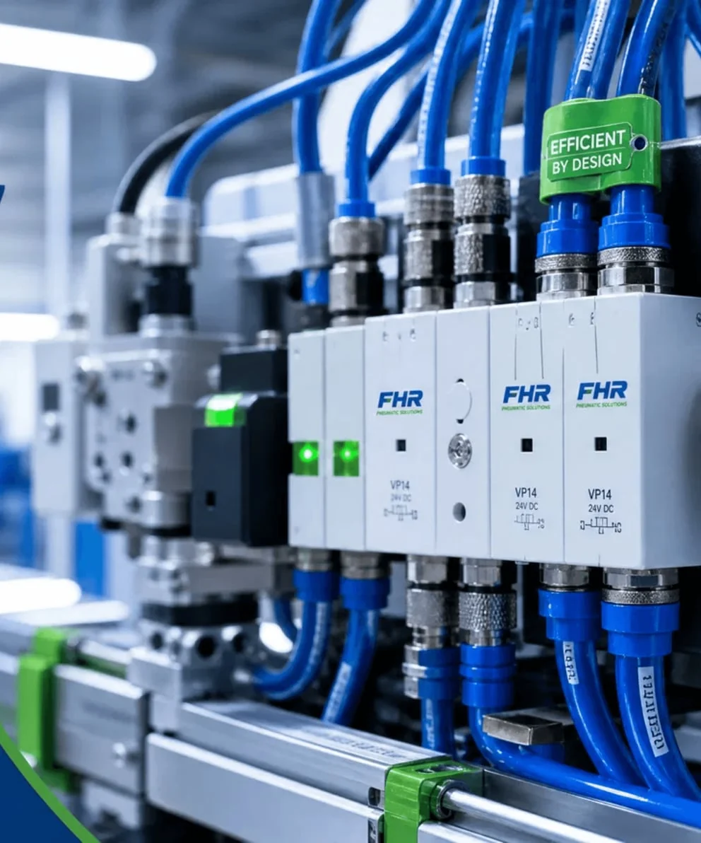 Painel de válvulas, conexões e mangueiras azuis e verdes da solução pneumática FHR.